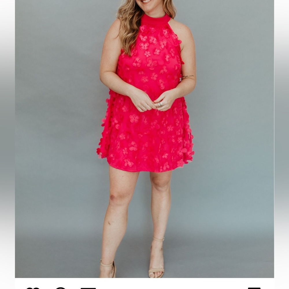 Hot Pink High Neck Floral Dress